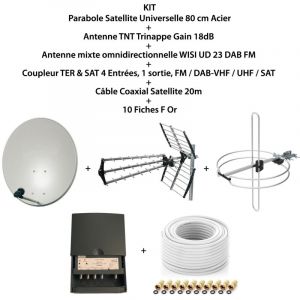 M-e - Kit Parabole sat 80cm+Antenne TNT+Antenne Omni dab FM+Coupleur 4 Entr&eacute;es fm dab-vhf uhf sat+lnb Single+C&acirc;ble Coax 20m+10 Fiches f Or - Blanc