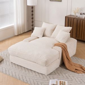 Canap&eacute;-lit convertible velours c&ocirc;tel&eacute; beige 2 places, ultra-doux, 4 coussins, sans montage, pour petit salon ou appartement