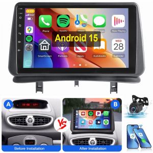 Pour RENAULT CLIO MK3 2005-2011 Android 15 Carplay Autoradio GPS WIFI BT SWC 4+64G CAM