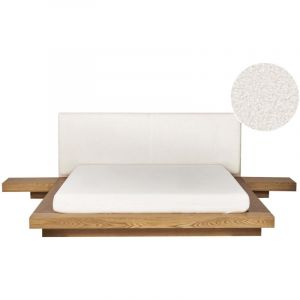 Lit Japonais T&ecirc;te de Lit Boucl&eacute; avec 2 Tables de Nuit 160 x 200 cm Bois de Fr&ecirc;ne Naturel Zen