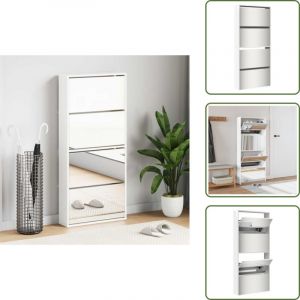 The Living Store - Armoire &agrave; chaussures miroir 4 niveaux blanc brillant - Meuble Chaussure - Armoire Chaussure - Range Chaussures - &Eacute;tag&egrave;re Chaussure