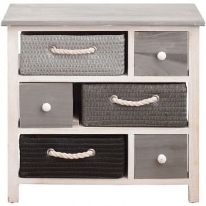 Rebecca Mobili Meuble Commode 6 Tiroir Bois Osier Gris Blanc Country 53x56x27