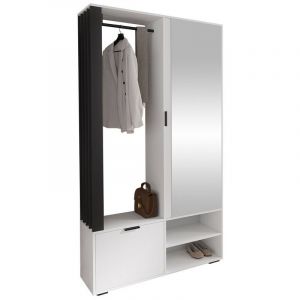 Mobilier1 - Meuble d'entr&eacute;e Stanton 145, Blanc + Noir, 190x100x33cm, Miroir, Stratifi&eacute;, &agrave; poser