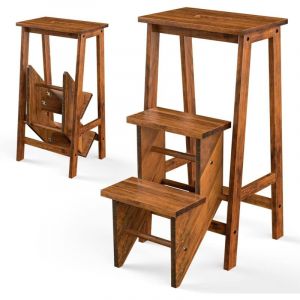 Tabouret Escabeau en Bois d'Hévéa Pliant, Marchepied 3 Marches, Escabeau Multifonctionnel avec Marches Réversibles, Portable, 57 x 41 x 76 cm (Chêne