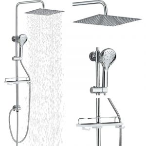 Système de douche Barre de douche carrée en acier inoxydable 30 x 30 cm Douchette à main avec 3 types de jet Étagère chromée Montage facile