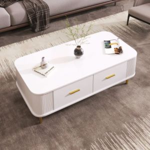 Table basse blanc avec tiroirs, coins incurvés et pieds dorés, table d'appoint, 105x51x38 cm