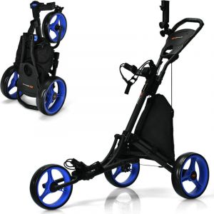 Chariot de Golf &agrave; 3 Roues Caddie de Golf Pliable Manuel Porte-Sac Porte-Parapluie Cadre Robuste en Aluminium Pliable Poign&eacute;e R&eacute;glable Bleu