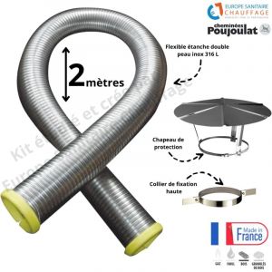 Kit tubage flexible double peau inox diamètre 80 + collier de fixation haute + chapeau Poujoulat 2 mètres