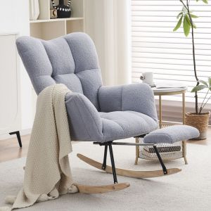 Fauteuil à bascule capitonné, Rocking chair avec dossier, repose-pieds extractible, poches latérales, Teddy, gris bleu