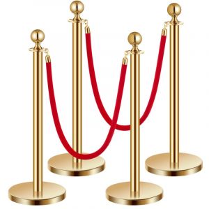 Poteau de guidage, 4 pcs, barriere de balisage pour controle de foules, avec base creuse, 2 cordes velours rouge et poteaux dores en acier