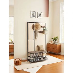 Meuble d&rsquo;Entr&eacute;e avec Crochets, Miroir, Banc et &Eacute;tag&egrave;re &agrave; Chaussures, 35,1 x 98,1 x 180,1 cm, Marron et Noir