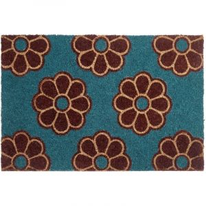 Paillasson d'Entr&eacute;e en Fibre de Coco 40 x 60 cm Dessous PVC Antid&eacute;rapant Motif Floral Bleu Kulik