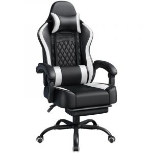 Yaheetech Fauteuil Gaming Pivotant Ergonomique, Chaise d'ordinateur Inclinable avec Coussin Lombaire, Massant T&ecirc;ti&egrave;re Amovible Repose-Pieds