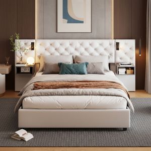 Lit coffre 140x200 cm avec sommier &agrave; lattes, t&ecirc;te de lit capitonn&eacute;e en velours, &eacute;clairage LED int&eacute;gr&eacute;, 2 tables de chevet suspendues, beige