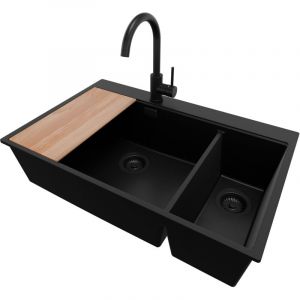 Primagran - Evier Cuisine en Granit 78x50cm, Lavabo 2 bacs + Robinet 32x20cm + Kit de Vidage + Accessoire, &Eacute;vier &agrave; Encastrer au meuble 80cm - Oslo