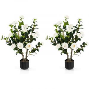 Relax4life - Lot de 2 Plantes Artificielles 95 cm, Camélia Artificiel en Pot en Ciment, 24 Fleurs et 186 Feuilles, pour Intérieur/Extérieur, Blanc