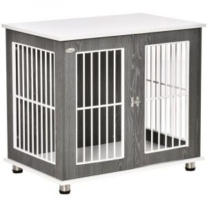 Chenil, enclos et parc pour chien - Caisse bois avec tablier et coussin - Cage petits animaux - Gris Blanc - 85x55x75cm