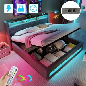 Lit 140x190 cm en lin gris avec sommier, lit coffre avec éclairage LED et ports USB, lit double adulte moderne avec rangement, facile à monter