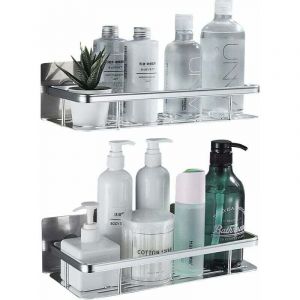 Douche sans per&ccedil;age en aluminium, rangement de salle de bain r&eacute;sistant &agrave; la rouille, &eacute;tag&egrave;re de salle de bain autocollante, chariot de douche sans