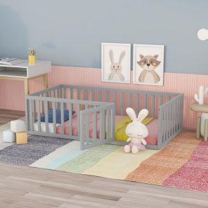 Lit bébé 90 x 200, cadre de lit au sol en bois avec clôture et porte, gris (ancien SKU pour WF316892AAG)