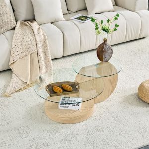 Table basse gigogne ronde en verre tremp&eacute; &Oslash;70/&Oslash;50 cm, table d'appoint pour canap&eacute;, structure MDF naturel, finition bois