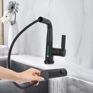 Robinet de Cuisine avec Douchette Extensible, Digital Affichage de la Température led, Robinetterie Cuisine de Rotatif à 360°, 3 Modes Mitigeur