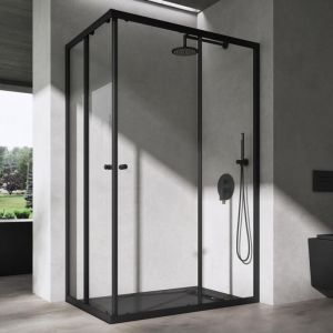 Cabine de Douche Noir en Angle Transparent 70x140cm Montage Réversible Paroi de Douche 190cm Porte Coulissante avec Receveur Ravenna16K-Plus - Doporro
