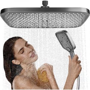 Pommeau de douche &agrave; effet pluie, 35,5 cm, t&ecirc;te de douche encastrable, r&eacute;glable &agrave; 360&deg;, &eacute;conome en eau, autonettoyante, carr&eacute;, chrom&eacute;