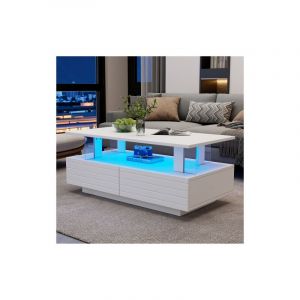 Table basse blanche, table basse rectangulaire 2 couche avec 2 tiroirs, LED contr&ocirc;l&eacute;e par application mobile, panneau acrylique, pour bureau, salon