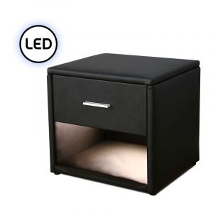 Chevet Simili Cuir Avec Éclairage Led Leva - Noir, Polyuréthane, mdf, Rectangulaire, Style Contemporain, 48.5 x 38.5 x 42 cm - Noir - Meubler Design