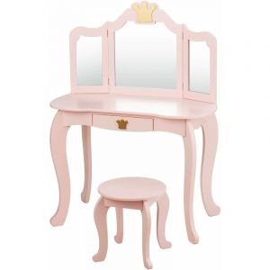 Relax4life - Coiffeuse Enfant avec Tabouret et Miroir Amovible Pliable &agrave; 3 Volets, Ensemble de Coiffeuse 2-en-1 Moderne avec D&eacute;corations Couronne,