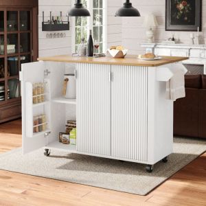 Desserte de cuisine avec table de bar pliante, buffet 3 portes avec &eacute;tag&egrave;res r&eacute;glables, MDF, 130&times;45/75&times;92cm, blanc