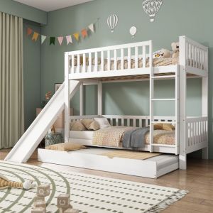 Lit superposé 90x200 avec lit gigogne 90x190cm, sommier à lattes, lit enfant avec toboggan et étagère, escalier, barrière de sécurité, pin + MDF,