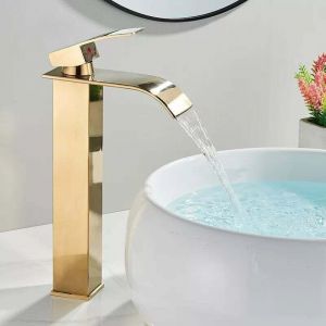 Mitigeur de lavabo-Robinet Lavabo dor&eacute; Cascade,Mitigeur Salle Bain avec bec Hauteur Mitigeur Lavabo Cascade Chaude et Froide R&eacute;glable Robinet Salle
