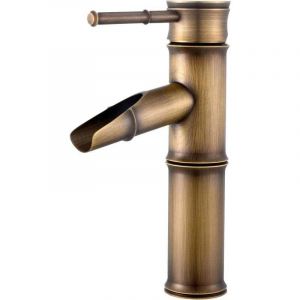 Mitigeur de lavabo cascade, 2 raccords à orifices brisés, mitigeur de lavabo cascade en laiton, robinet de salle de bain rétro en bambou