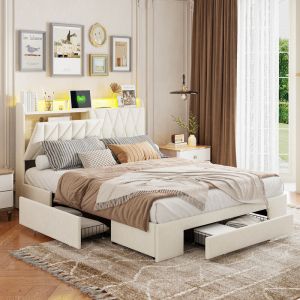 Lit Double Rembourr&eacute; 160x200cm, Lit 2 Places avec LED et USB, Cadre de Lit avec 3 Tiroirs, T&ecirc;te de Lit avec Rangement, Sommier &agrave; Lattes, Velour, Beige