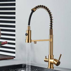 Zamery - Mitigeur de Cuisine doré brossé à 3 voies, Robinet de Cuisine Flexible, Robinet d'Évier d'Eau Potable Réglable à 360° (Double Poignée),