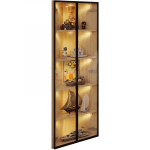 Vitrine LED En Verre 160 Cm Avec &Eacute;clairage Int&eacute;gr&eacute; Et Porte Vitr&eacute;e, Effet Ch&ecirc;ne