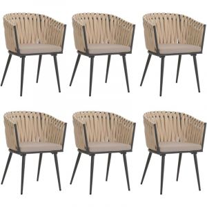 Lot de 6 chaises de salle à manger en aluminium HHG-418, chaise d'intérieur avec accoudoirs, corde tressée en oléfine, crème Coussin marron clair