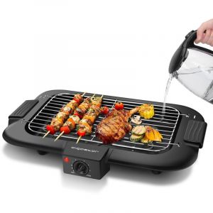 Tasty - Gril barbecue d'intérieur sans fumée. 2000W, thermostat, grande surface de cuisson 36x21 cm. Bac à eau pour éviter odeurs et fumée.