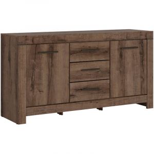 Commode Buffet &agrave; 2 portes et 3 tiroirs, coloris Ch&ecirc;ne marron fonc&eacute; - Longueur 160 x Profondeur 45 x Hauteur 85 cm