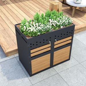 Wishdor - Cache-poubelle double en m&eacute;tal, toit de plante verte pla&ccedil;able, pour 120-240 litres, bo&icirc;te de rangement pour poubelles, gris