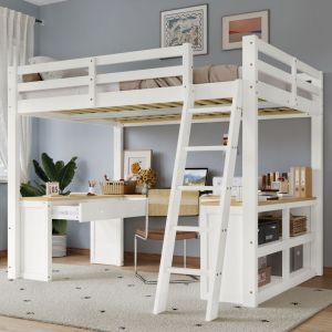 Lit mezzanine enfant 140x200 - avec bureau int&eacute;gr&eacute; et rangements &ndash; S&eacute;curit&eacute; avec barri&egrave;re et escalier, sommier &agrave; lattes - finition bois, Blanc