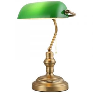 Lampe de Table et de Bureau Style Banquier Vintage R&eacute;tro avec Abat-jour Verre Vert et Laiton pour Ampoule E27 LED Salon T&ecirc;te de lit Banquier
