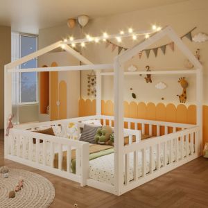 Lit enfant enfant Lit double 180x190 cm avec barri&egrave;re, 90x190 cm x2 , style minimaliste, pin, LED int&eacute;gr&eacute;es, blanc