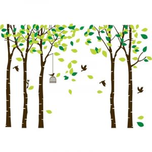 104"x71" G&eacute;ant Grande Jungle 5 Arbres Stickers Muraux Feuilles Vertes et Oiseaux Volants Papier Peint D&eacute;coration Murale DIY Vinyle Stickers Muraux