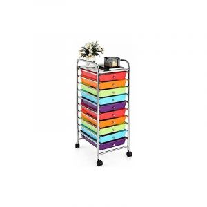 Chariot de Rangement 10 Tiroirs à roulettes, Tour de Rangement à roulettes, Tiroirs en Plastique&Cadre en Acier, pour Chambre, Bureau, 37x33x86CM(Arc