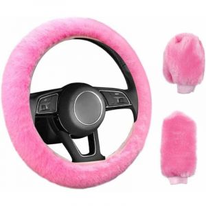 ZVD - 3 Pi&egrave;ces Couverture de Volant de Voiture Anti-D&eacute;rapant &Eacute;lastique Housse de Volant Universelle de Voiture en Peluche Rose avec Housse Frein &agrave;