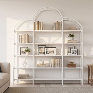 Biblioth&egrave;que en m&eacute;tal, 5 niveaux de rangement, forme de nuage, &eacute;tag&egrave;res en bois, 170x26x190cm, design moderne, Blanc