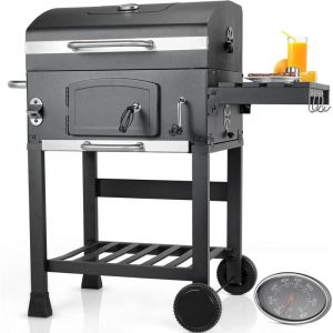 Barbecue Charbon de Bois XL,Grill à Charbon pour Camping et Jardin,BBQ Smoker,Réglable en Hauteur,avec Thermomètre et Roulettes